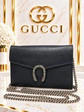 Authentic Gucci Dionysus Black Leather Mini Chain Wallet Crossbody Bag Crystal